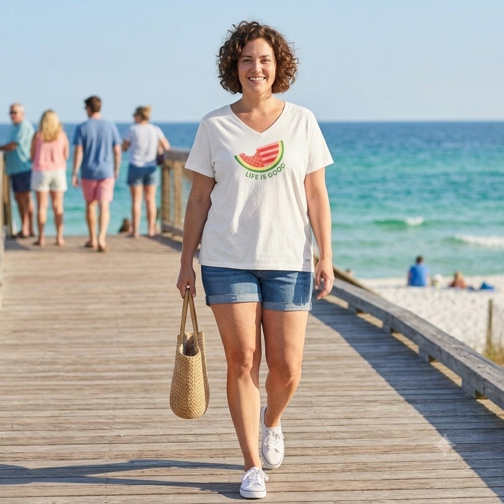 Life is Good Crusher Tee Women XL V-neck USA Flag Watermelon Short Sleeve - Picture 3 of 7